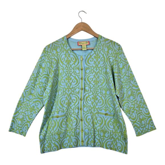Lilly & Van Cardigan 1X Blue Green Geo Print Pockets Button Front Art To Wear - Picture 1 of 12